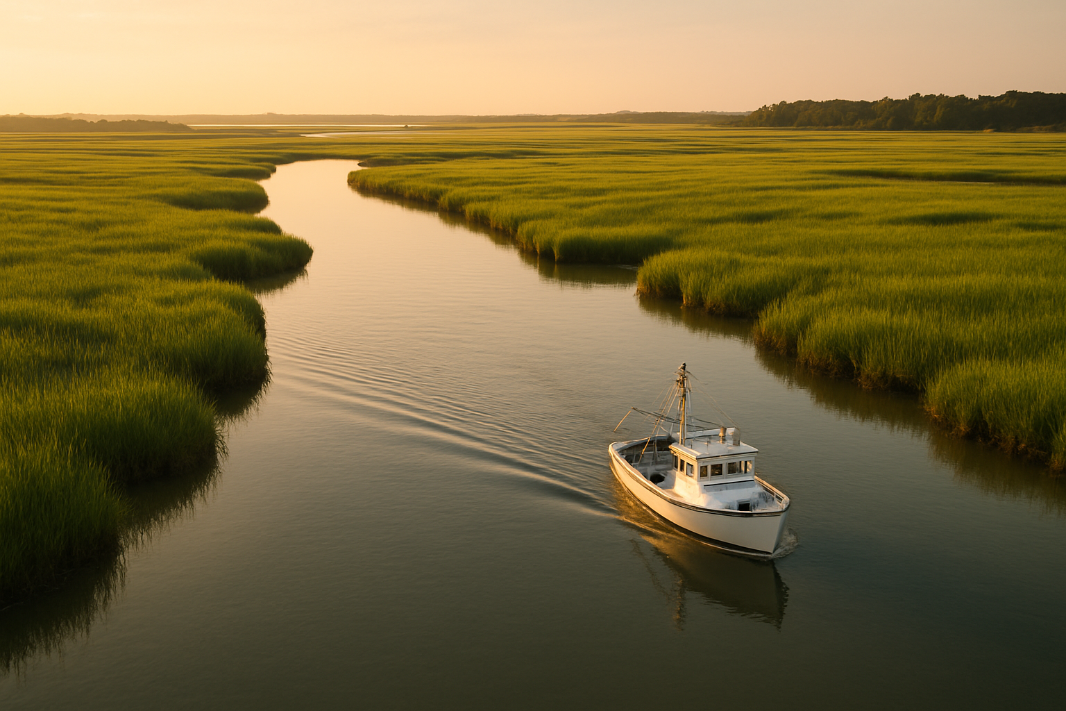 Calm backwater creek used for inshore family fishing trips near Myrtle Beach