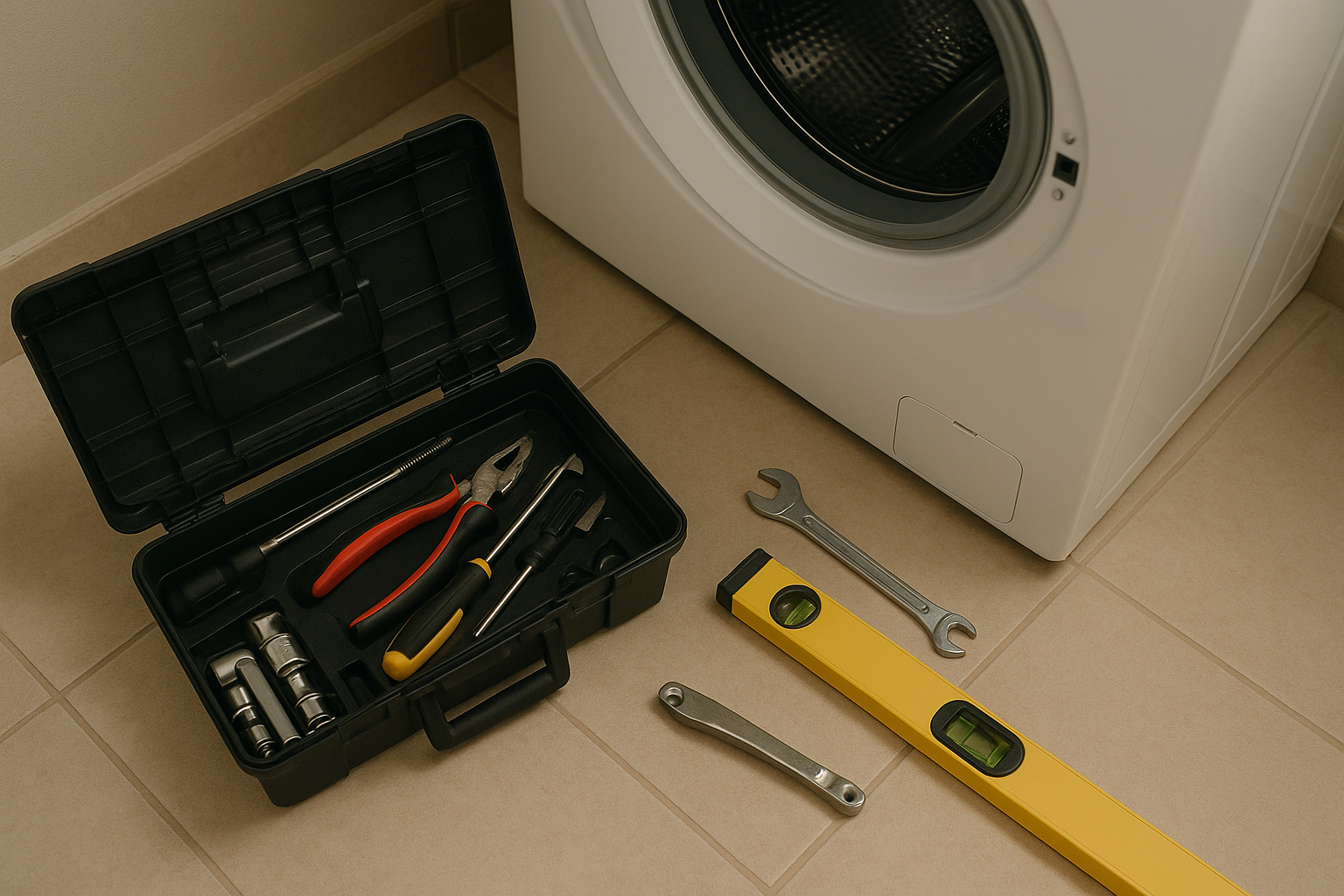 Technician toolbox with level and wrench prepared for washer dryer installation