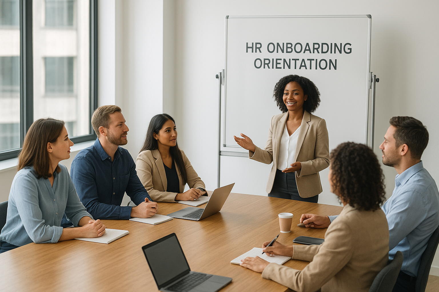 HR administrator leading a new employee onboarding orientation session in a conference room