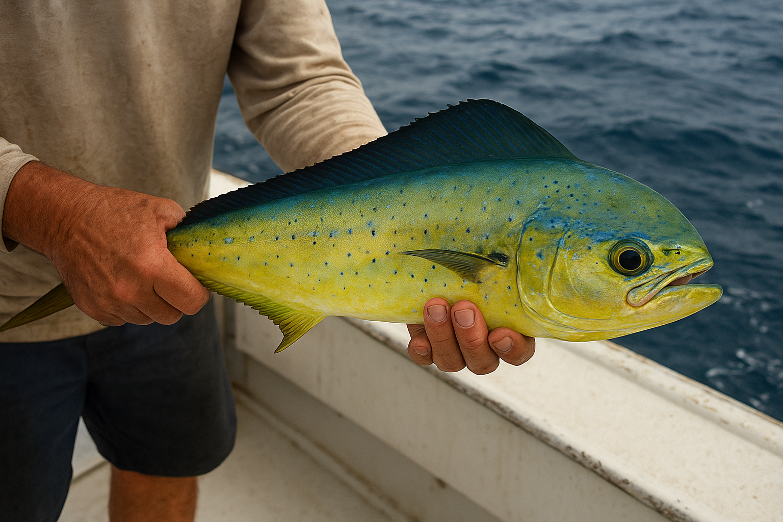 Angler holding a mahi-mahi caught during an offshore Gulf Stream fishing trip