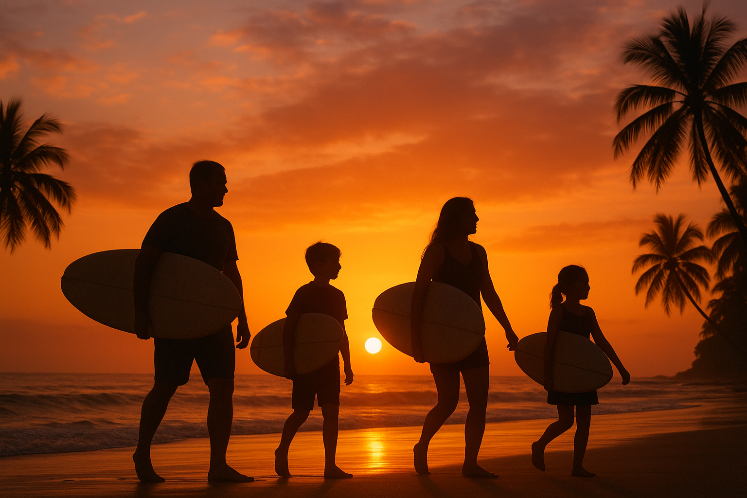family carrying surfboards back from the beach after a Hawaii surf lesson at sunset