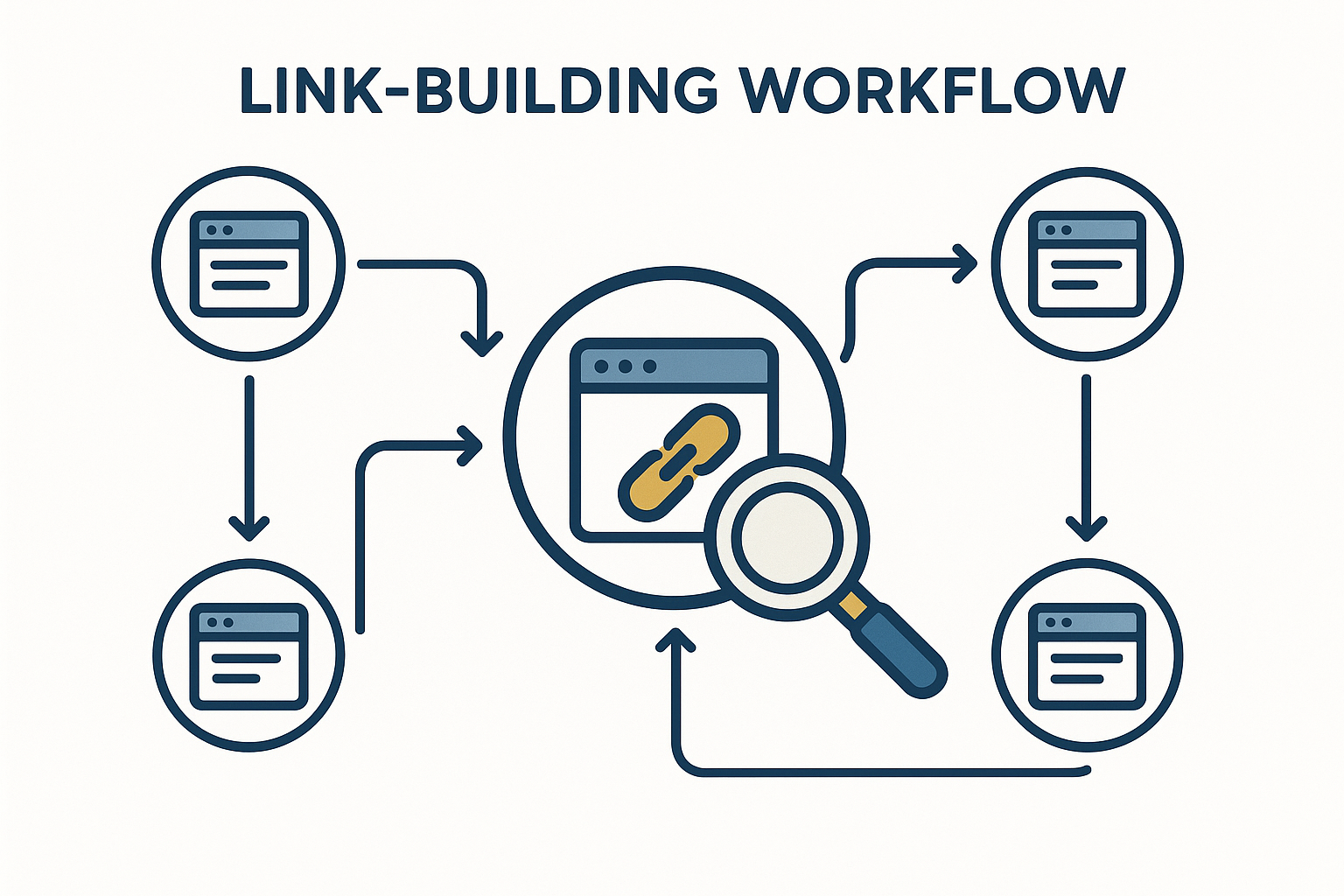 Link-building workflow diagram showing backlinks flowing from high-authority websites to improve domain authority