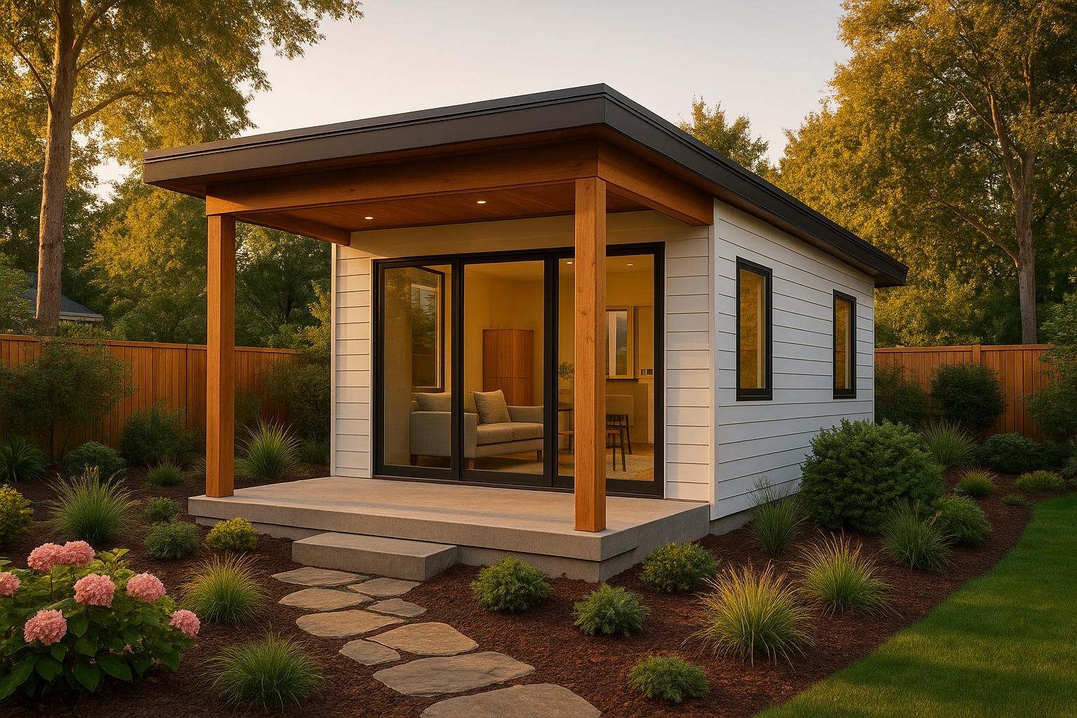 Completed detached ADU backyard home after construction project management oversight