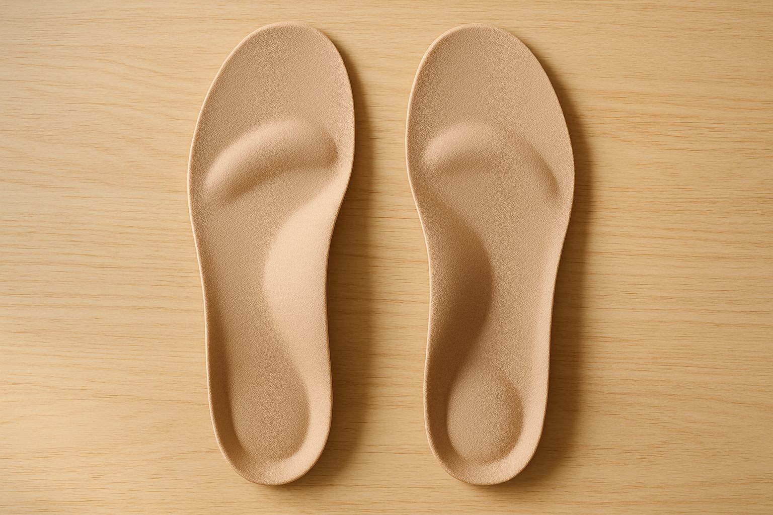 Pair of supportive insoles for walking showing arch support and heel cup detail