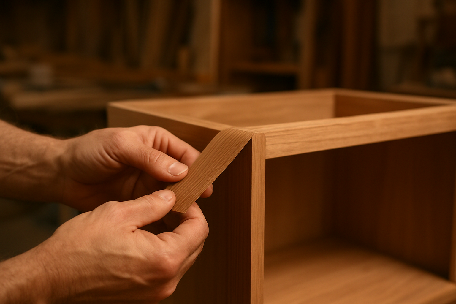 Skilled craftsman applying wood veneer during a professional kitchen cabinet refacing process in Cincinnati