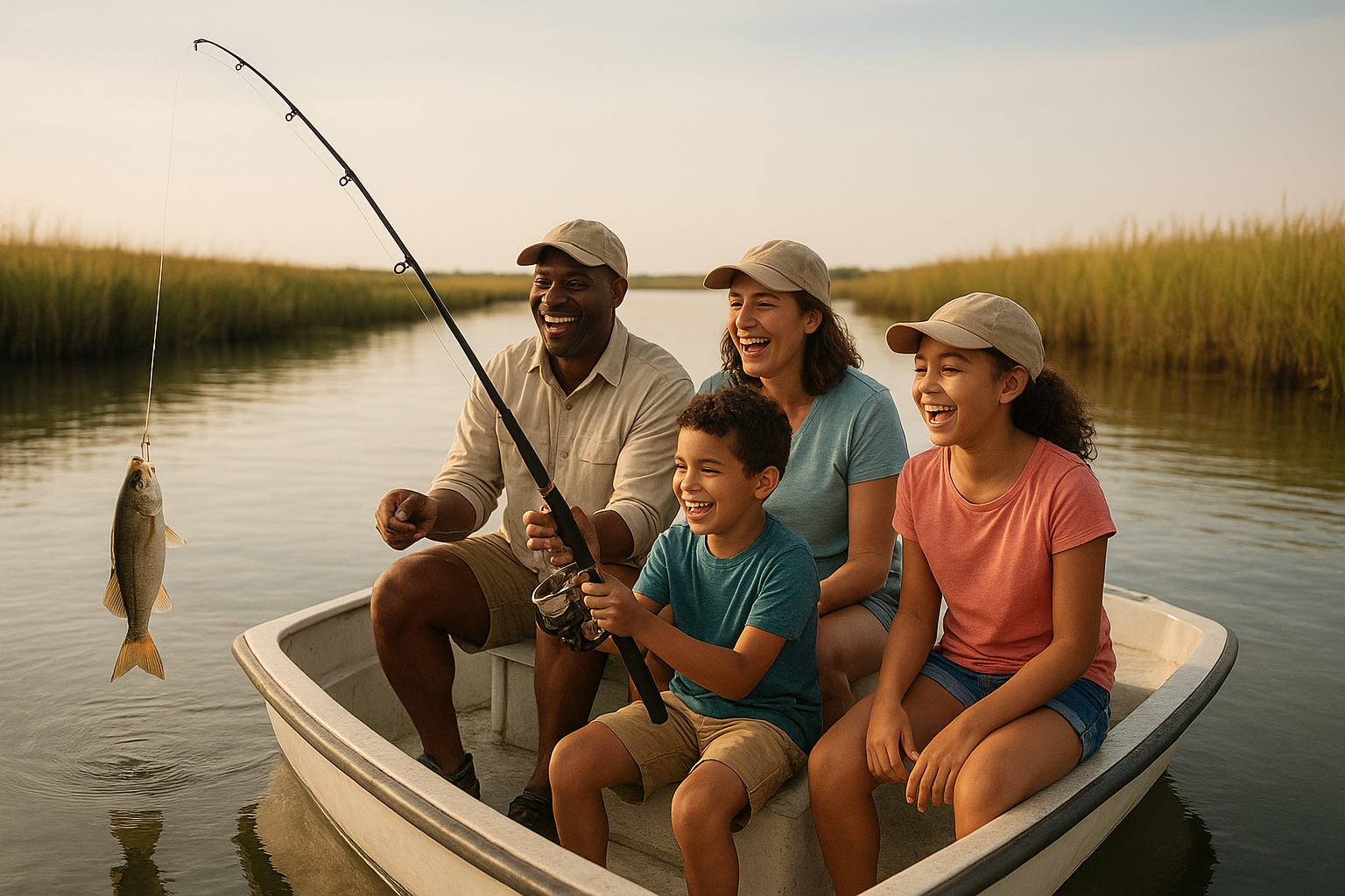 Family reeling in a catch together aboard an inshore charter boat in a coastal marsh