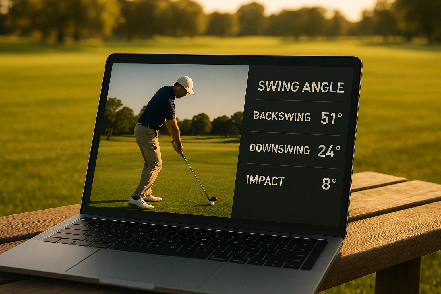 Laptop displaying swing angle data used to evaluate golf swing performance remotely