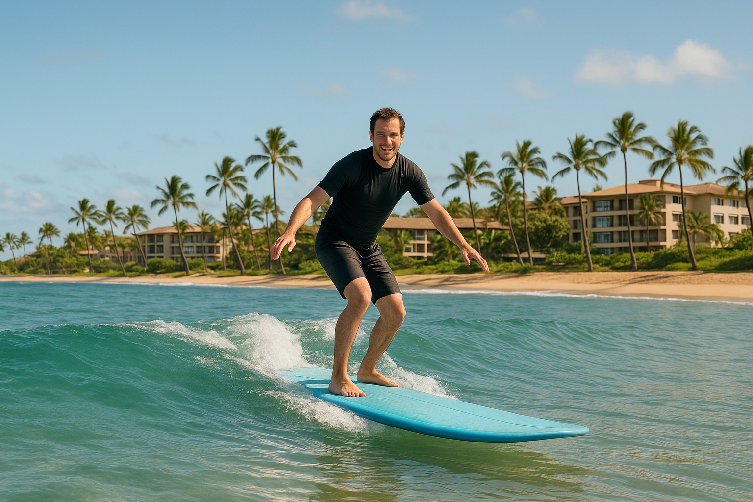 Adult beginner riding a small wave during beginner surfing lessons for adults Waikiki