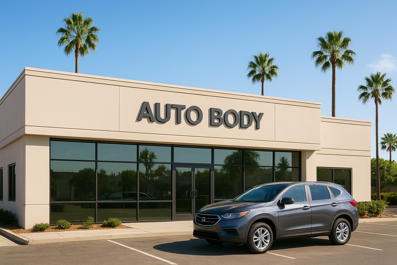 Exterior of a professional California auto body shop on a sunny day in Southern California