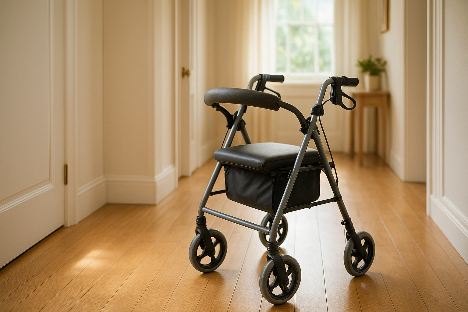Rollator walker positioned in a hallway as a mobility aid for foot and joint comfort