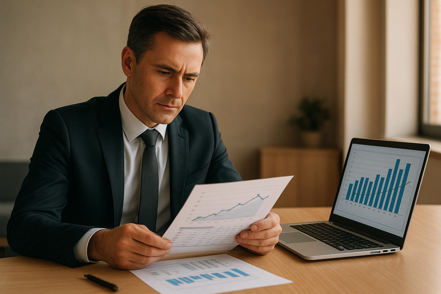 Business leader calculating cost of HR per employee using financial reports and charts