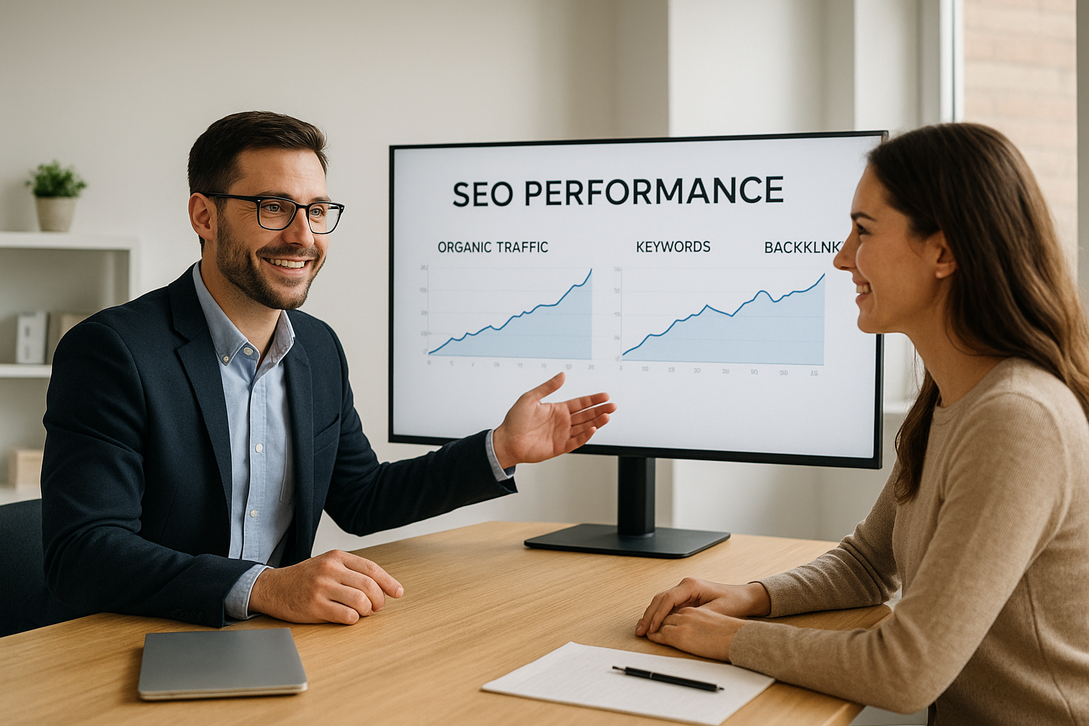 Freelance marketer presenting SEO results and performance data to a small business client