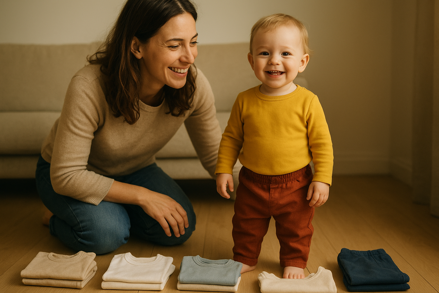 Parent and toddler enjoying a children's clothing rental subscription wardrobe at home