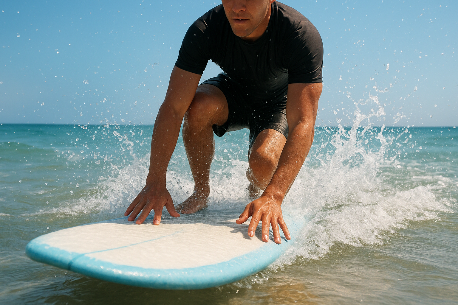 Beginner surfer practicing the pop-up technique during a structured lesson in shallow water