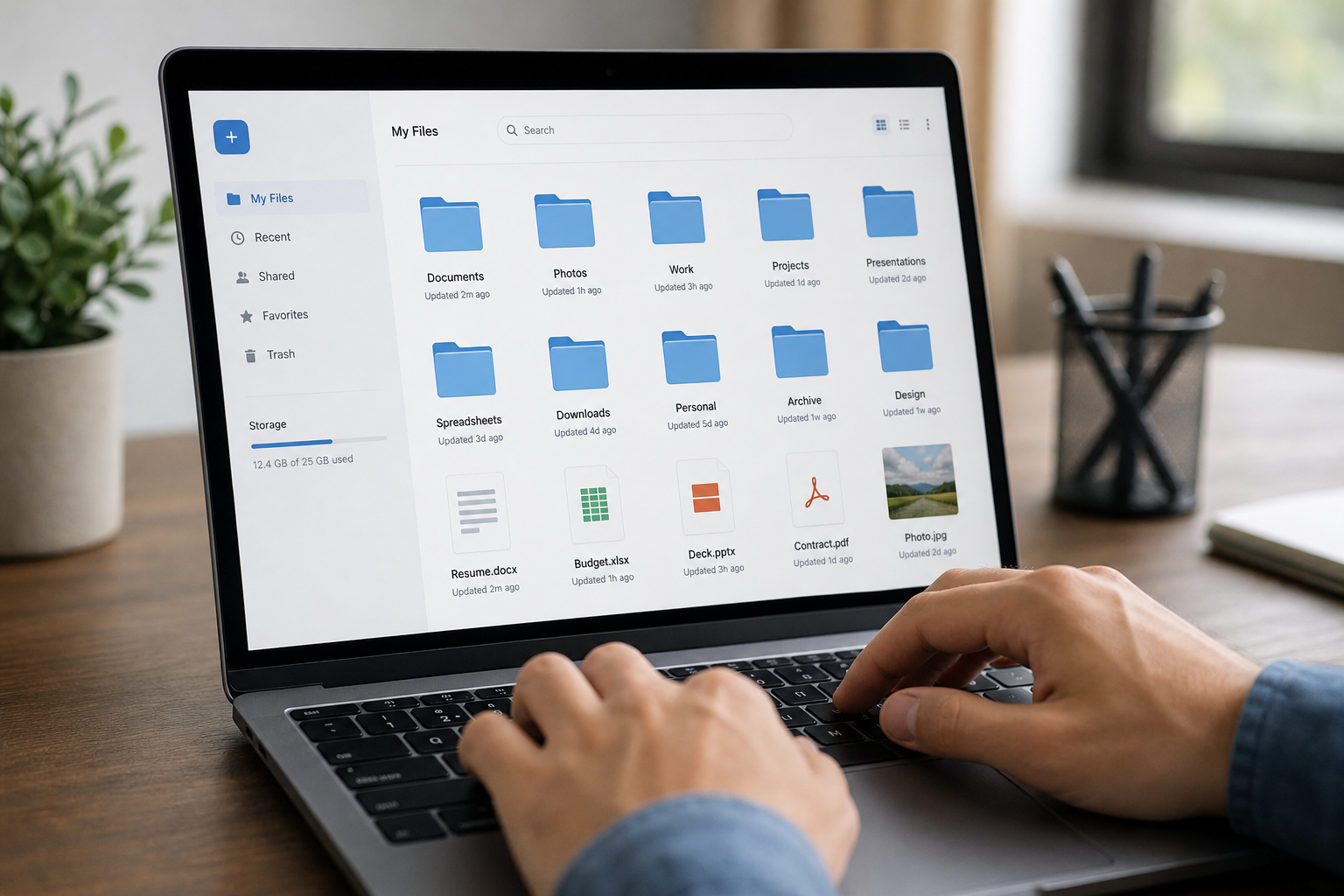 Close-up of hands typing on a laptop showing a cloud file storage interface for a firm