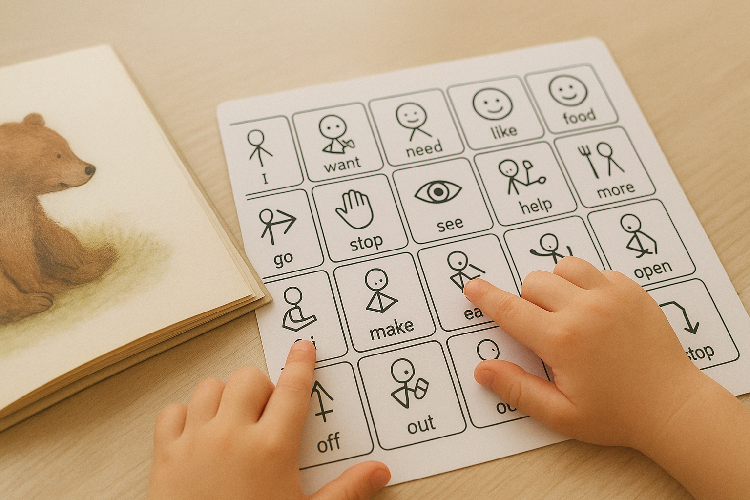 Child pointing to a core vocabulary symbol on an AAC board next to a storybook