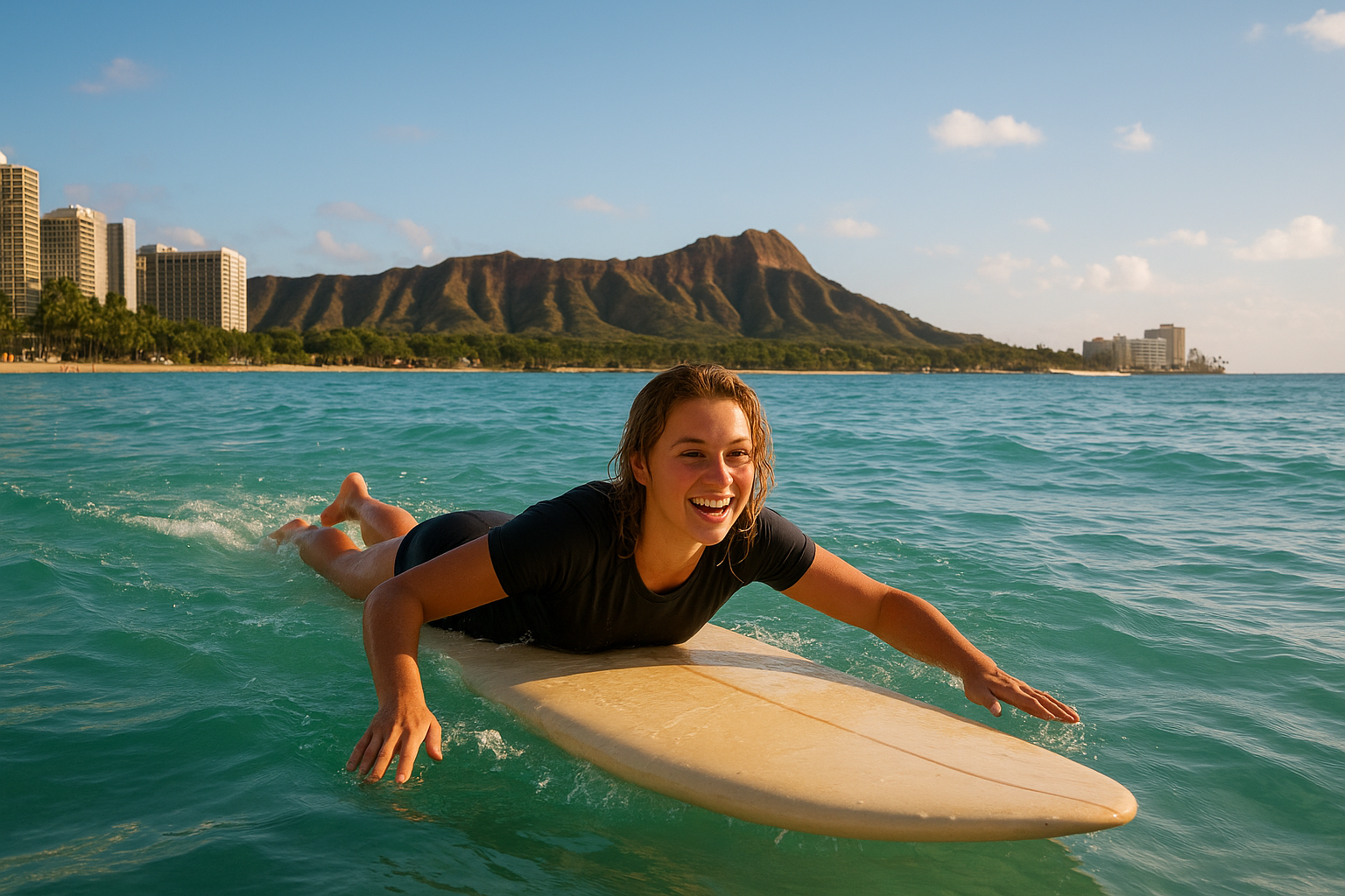 Beginner surfer paddling during a Waikiki surf adventure tour with Diamond Head in the background