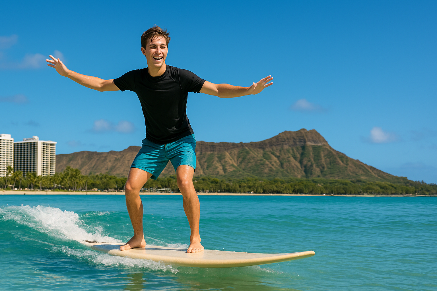 Beginner surfer standing on a longboard during a surf lesson at Waikiki Beach