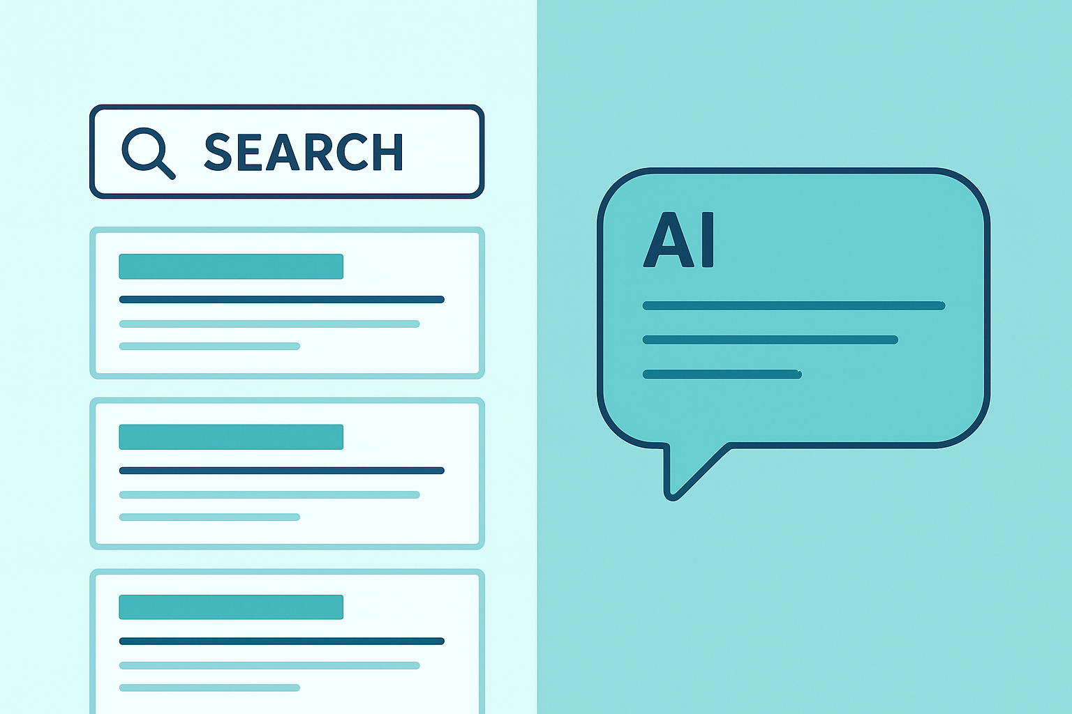 Side by side comparison graphic showing traditional search results versus AI-generated answers