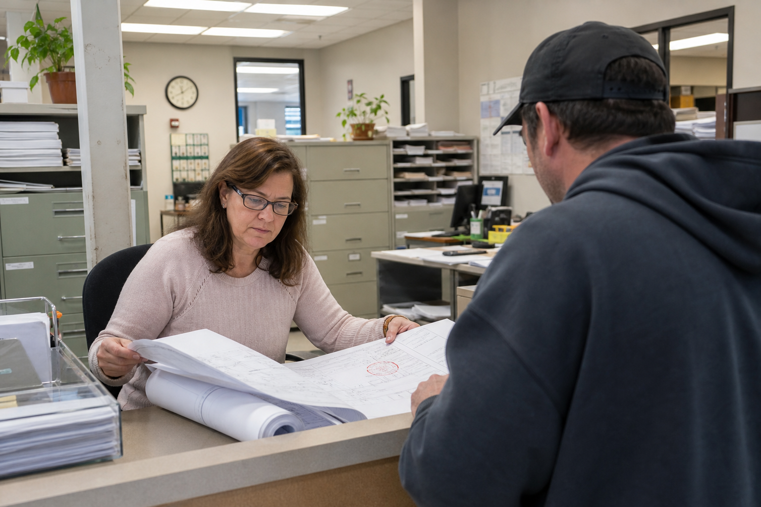 City permit counter clerk reviewing stamped construction documents for an ADU application