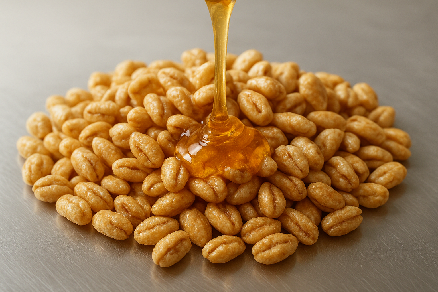 Honey being drizzled over freshly puffed whole grain cereal during production