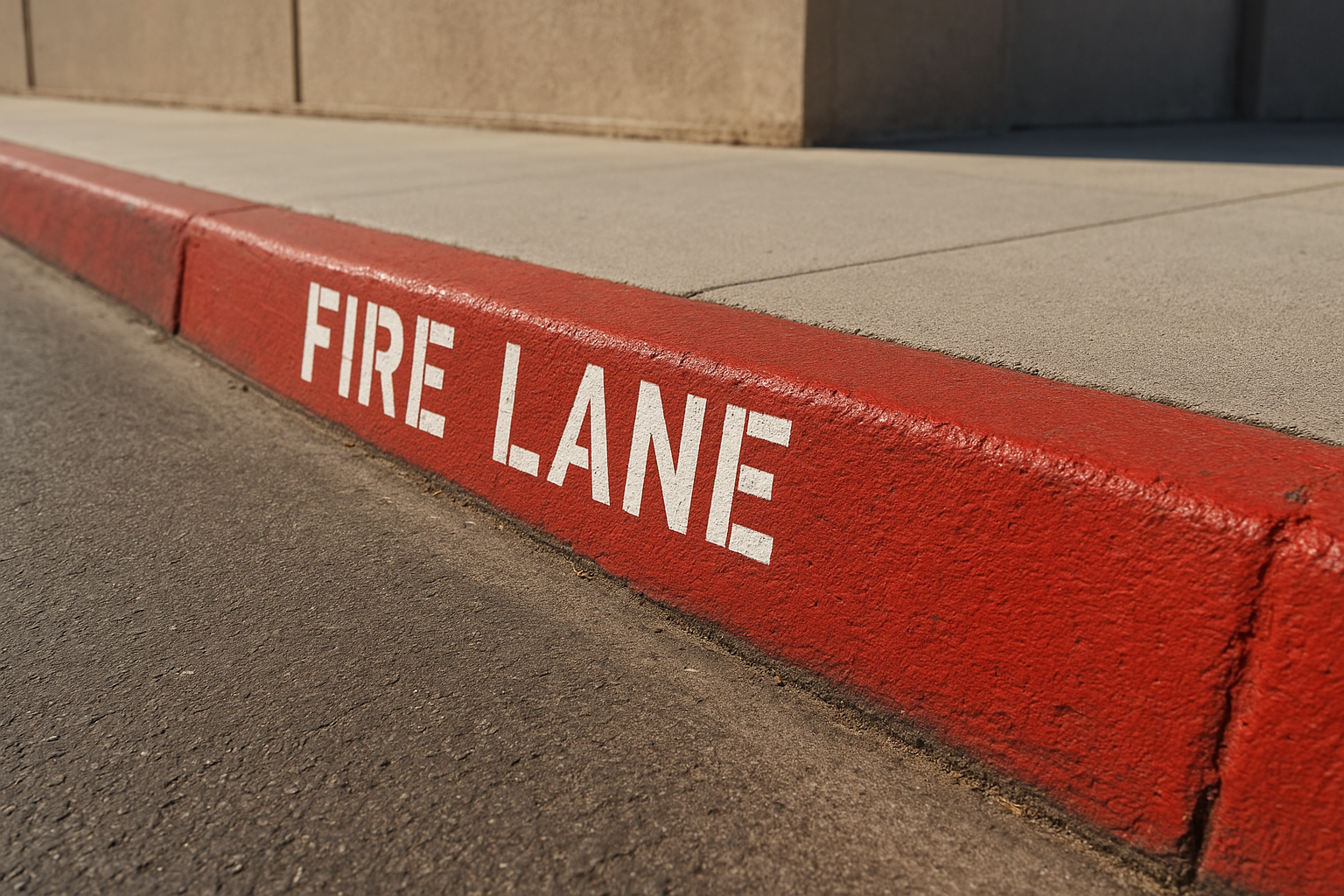 Red fire lane curb marking with white lettering at a commercial property parking lot