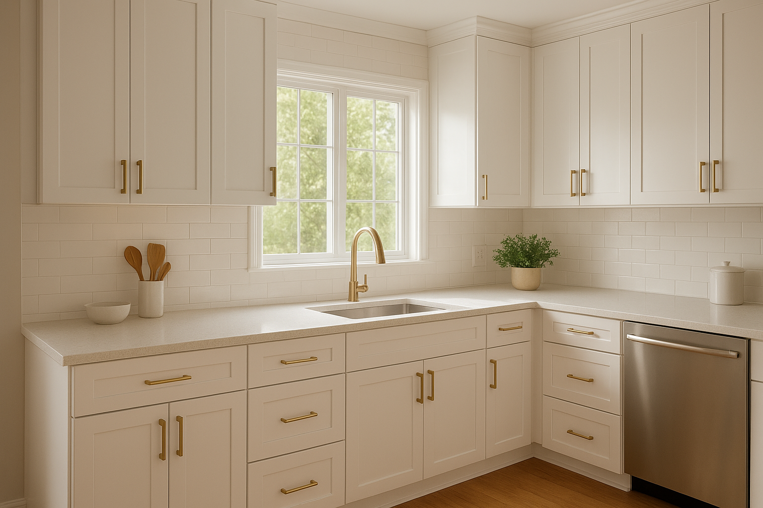 Bright modern kitchen showing affordable kitchen upgrades with refaced white cabinets