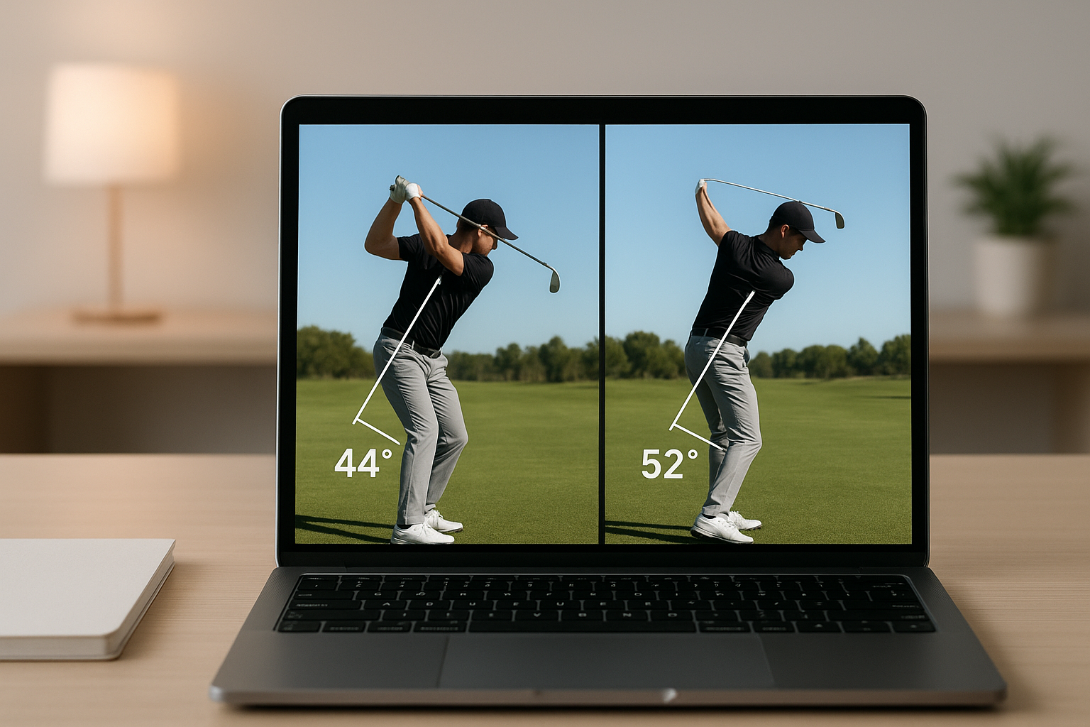 Laptop showing split-screen swing video analysis used in online golf coaching