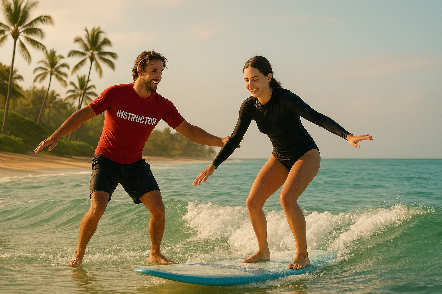 Surf instructor guiding a beginner during Oahu surf lessons in shallow turquoise water