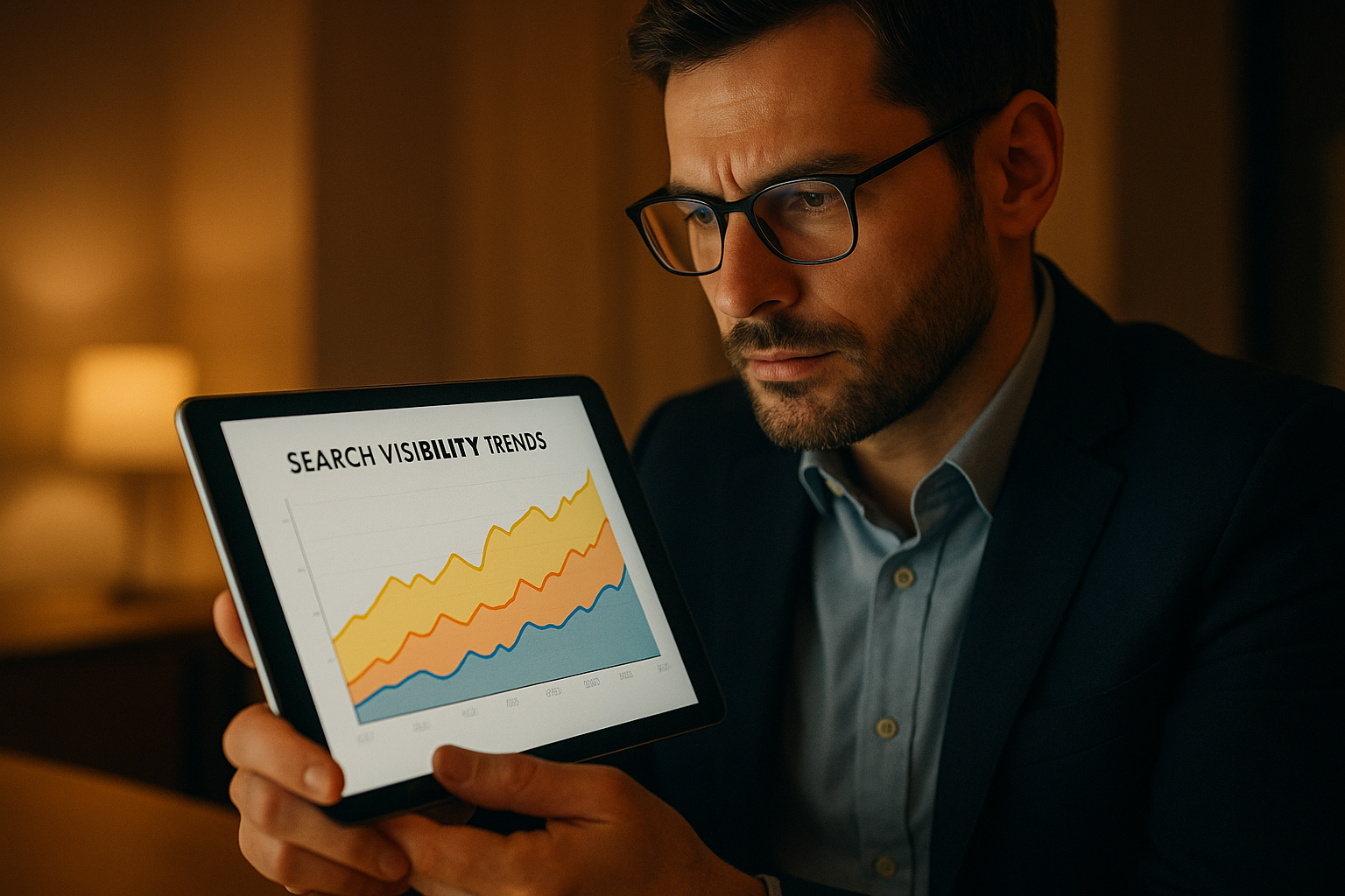 Business owner reviewing AI citation tracking charts on a tablet