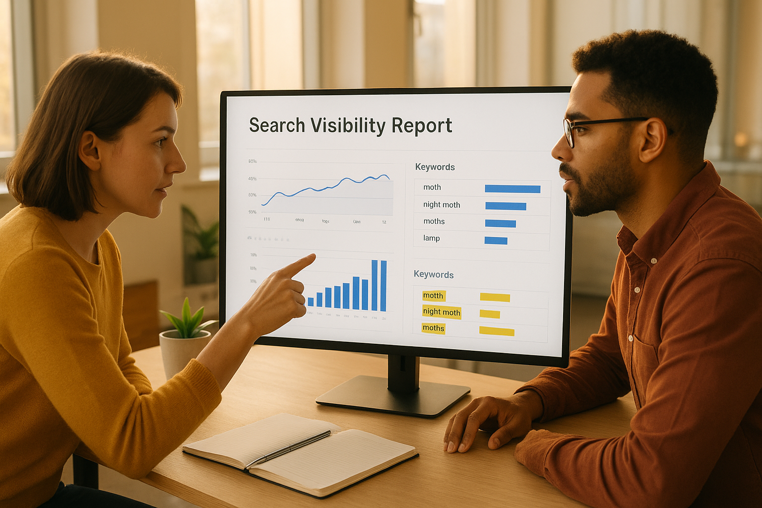 Team reviewing a search visibility report generated by digital optimization tools