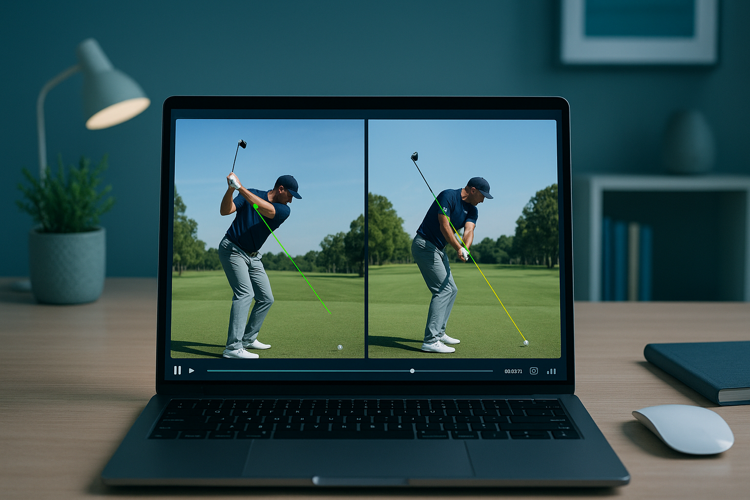 Laptop screen displaying remote golf swing video analysis used in competitive golf training