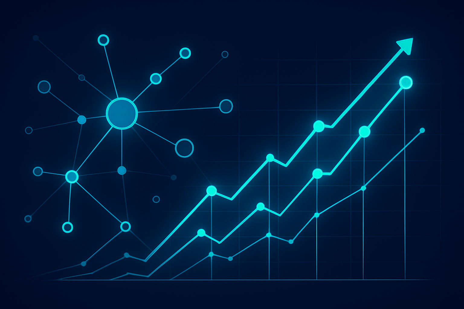 Abstract visualization of AI-driven search ranking improvements and data node connections