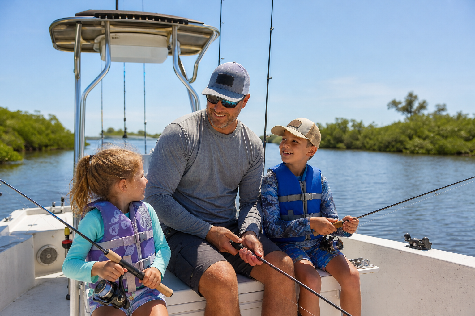 Family fishing charters Calabash NC guests reeling in a catch on a private inshore boat trip