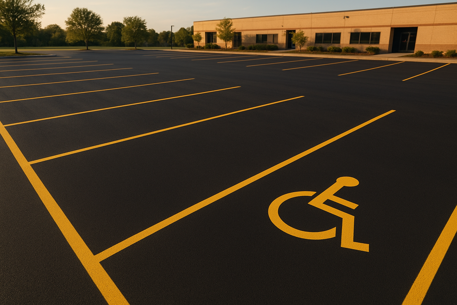 Freshly completed commercial lot restriping Denton TX project with crisp yellow stall lines