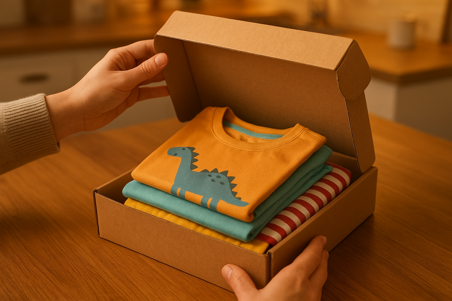 Parent opening a kids outfit subscription box on a kitchen table revealing neatly folded children's clothing