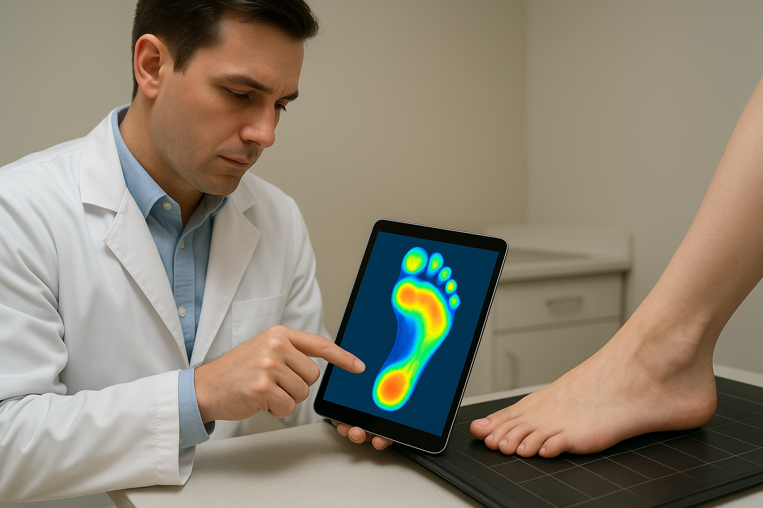 Podiatrist analyzing foot pressure points to design personalized orthotics