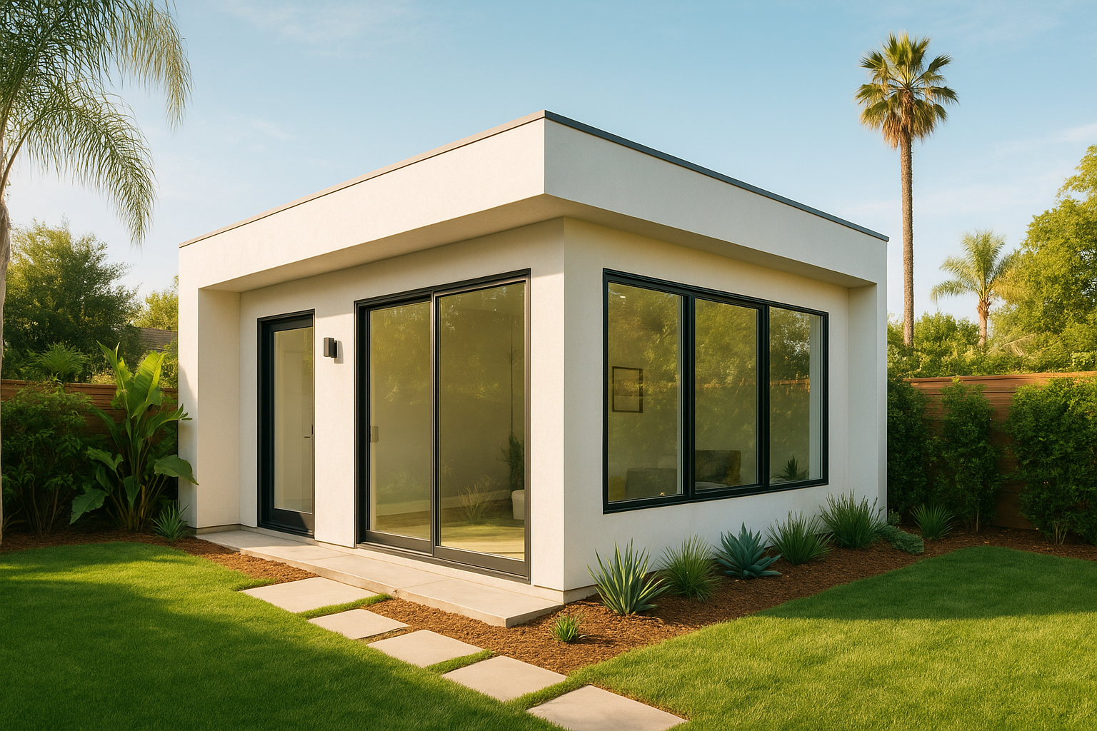 Modern detached ADU designed and built in a Southern California backyard with contemporary architecture