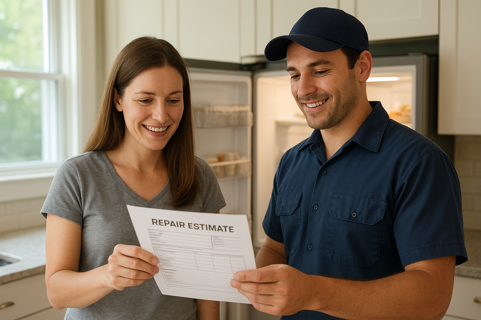 Homeowner reviewing a repair estimate with a technician before refrigerator repair work begins