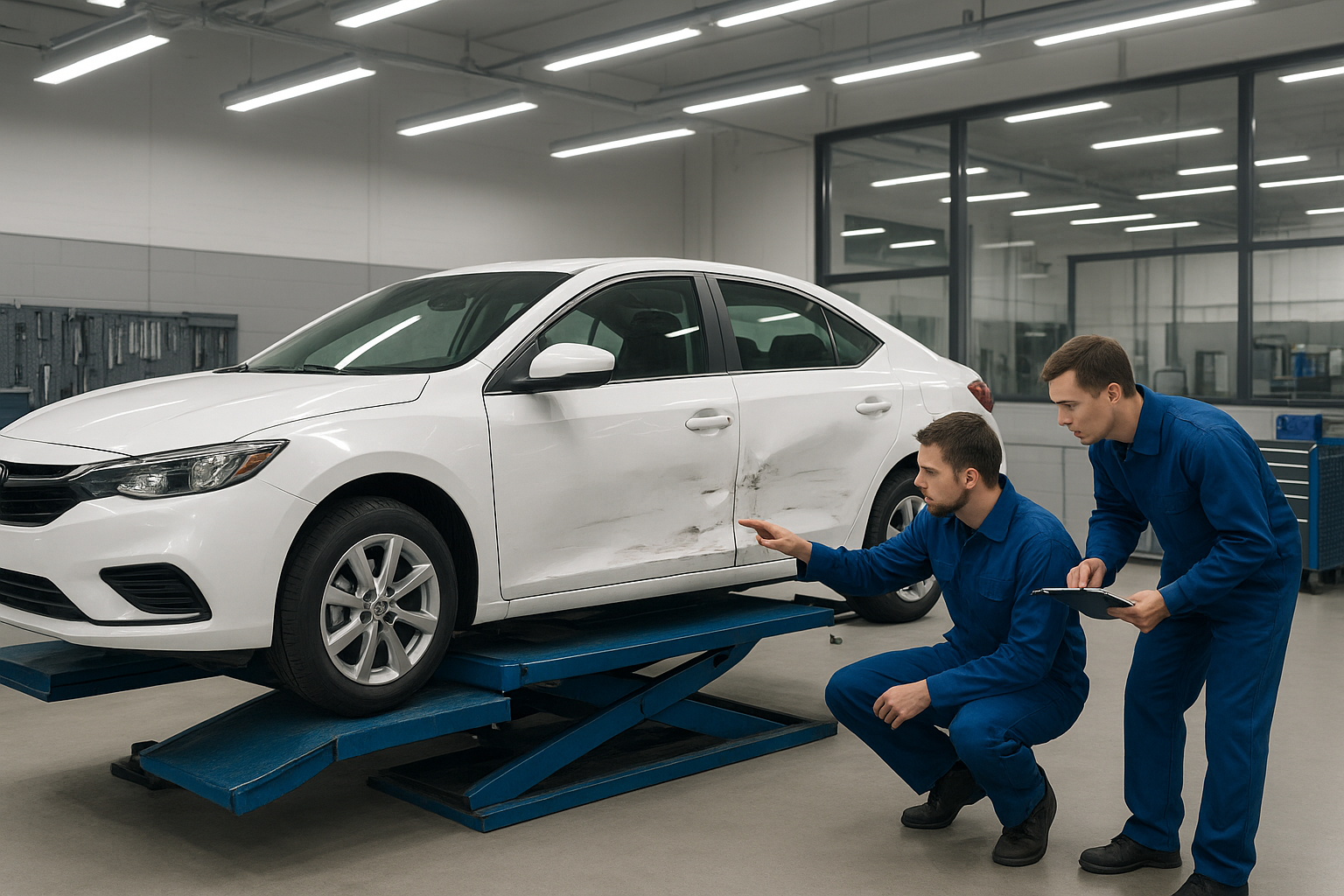 Brea auto body repair technicians inspecting collision damage on a white sedan in a well-lit workshop