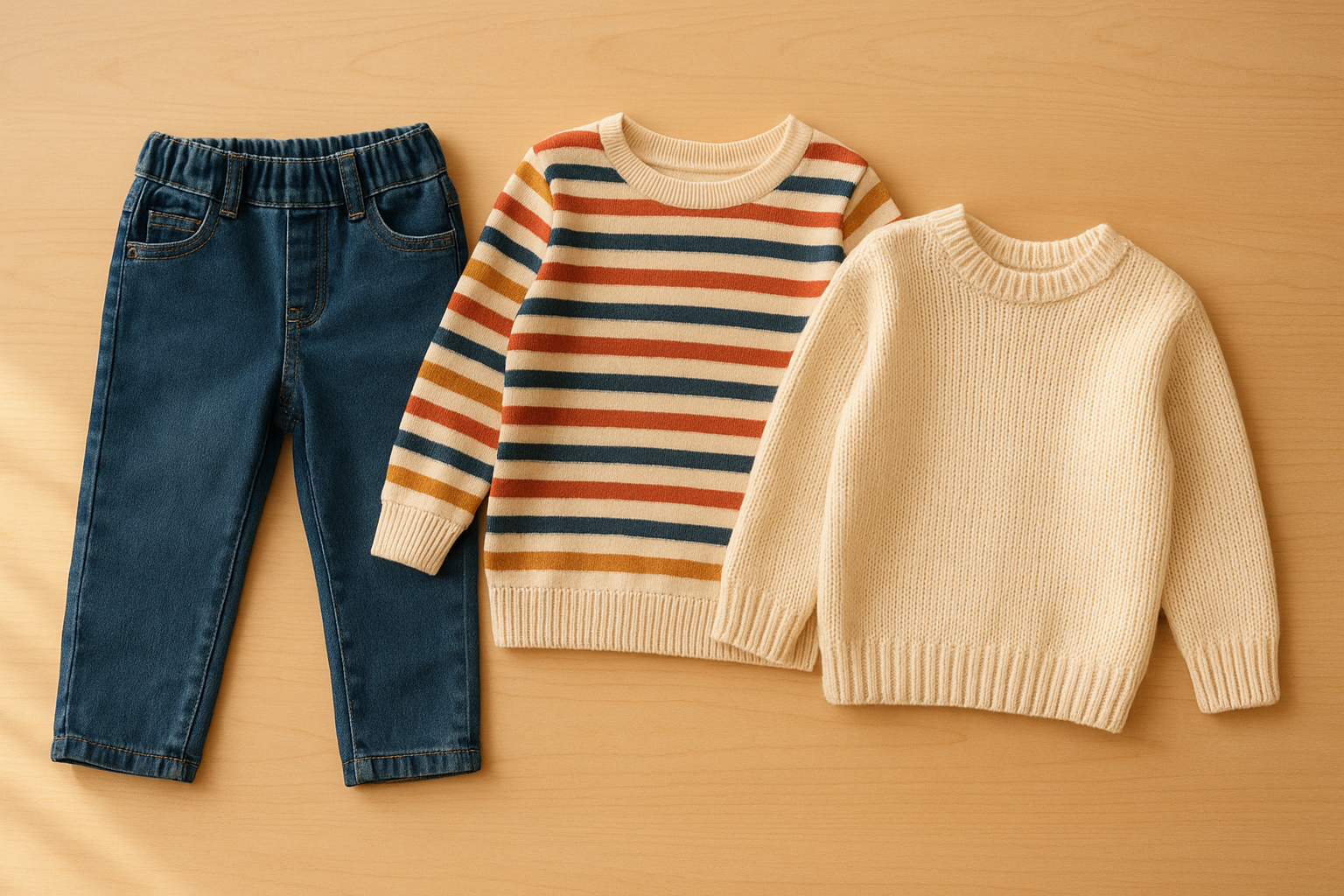 Curated childrenswear rental service clothing bundle laid out on a wooden surface