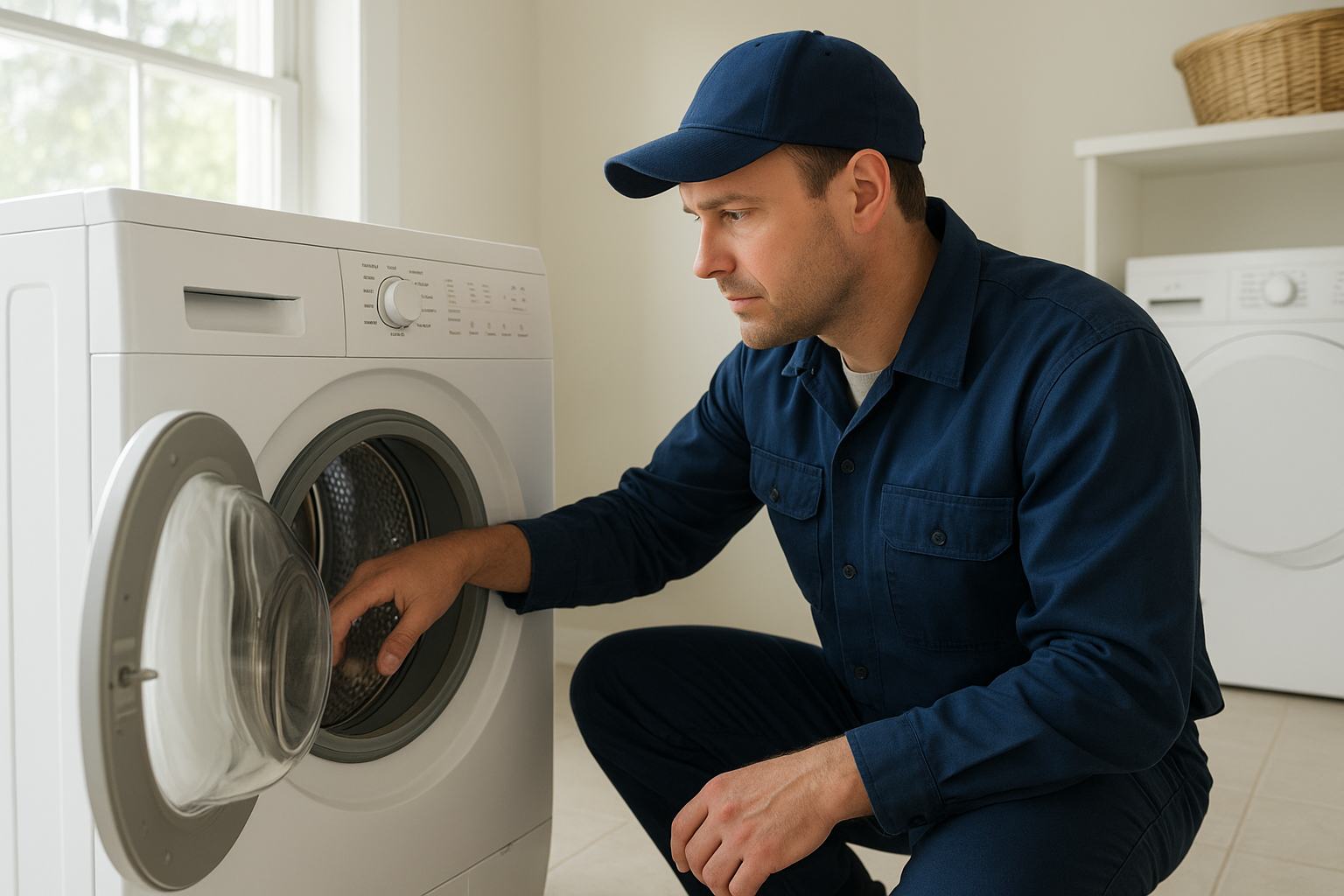 Technician performing washers dryers appliance service on a front-load washing machine