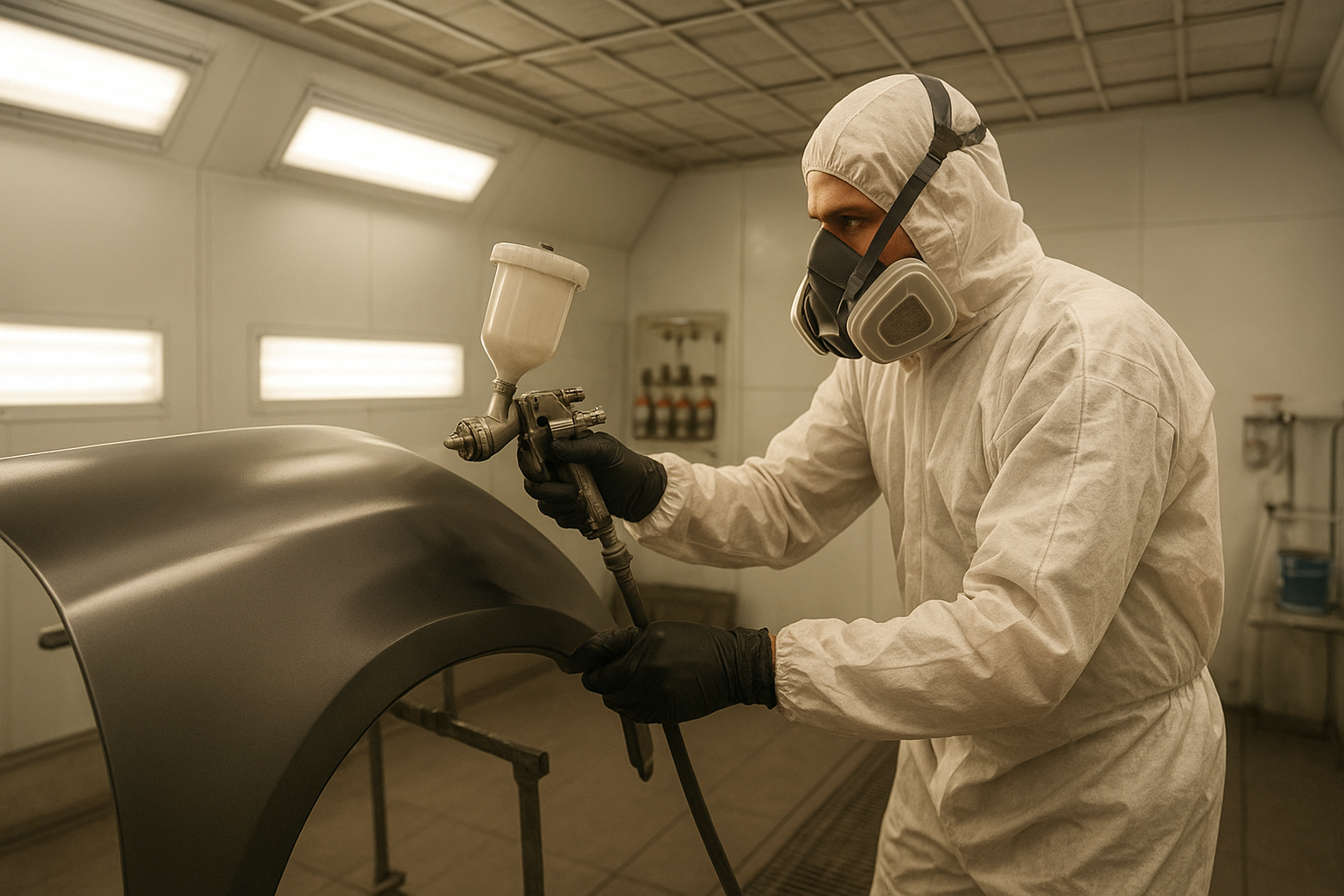 Auto body technician applying AAA body and paint finish inside a professional spray booth
