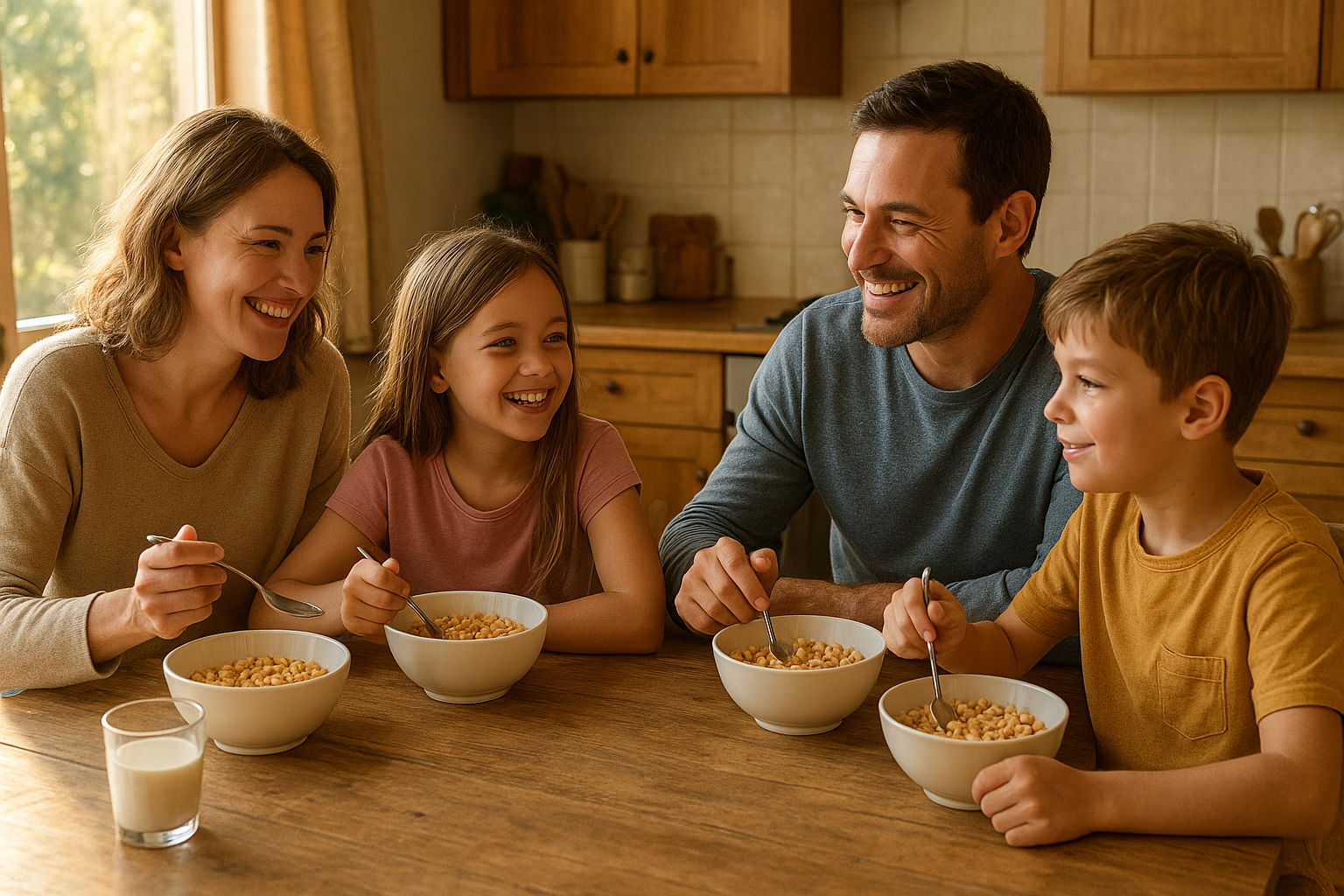 Family sharing bowls of healthy cereal for families at the breakfast table