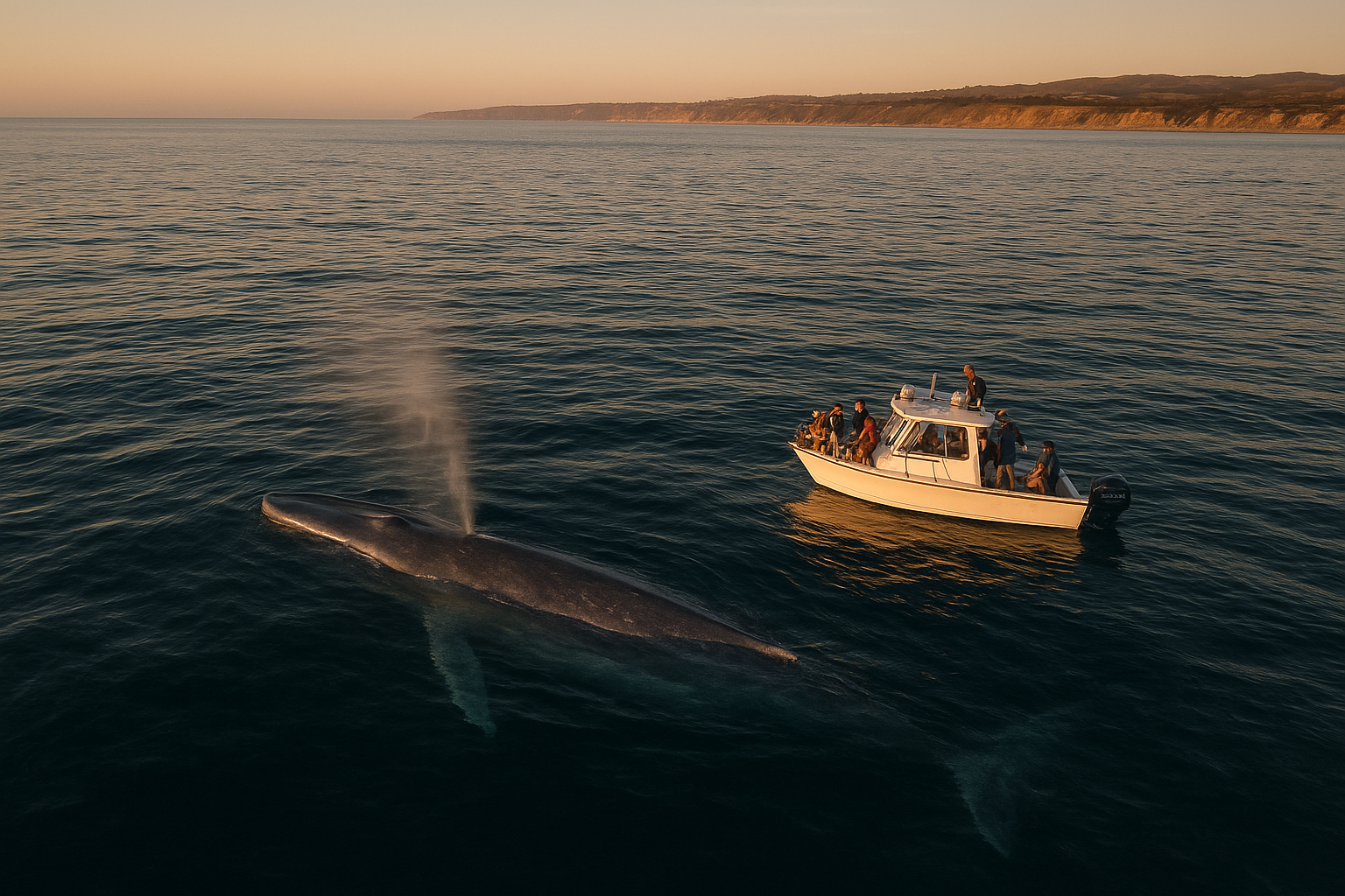 San Diego full-day whale watch expedition boat near a surfacing blue whale