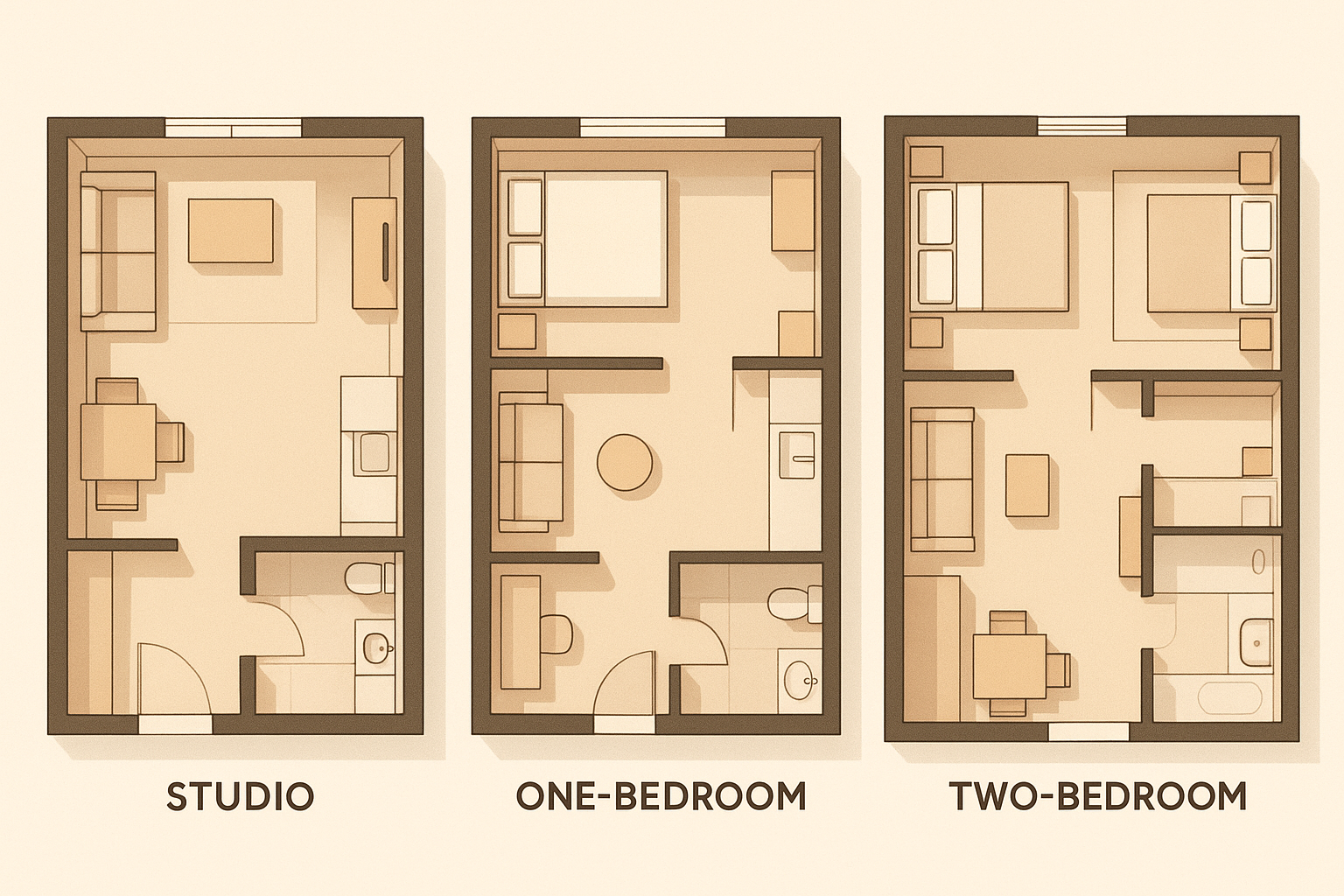 Comparison of studio, one-bedroom, and two-bedroom ADU floor plan layouts