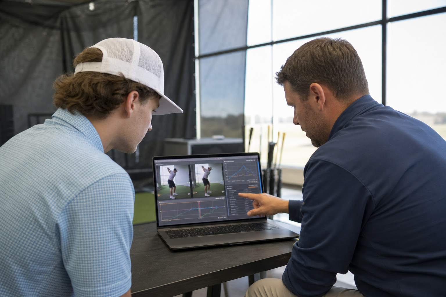 Coach and golfer reviewing swing data to refine a personalized fitness plan