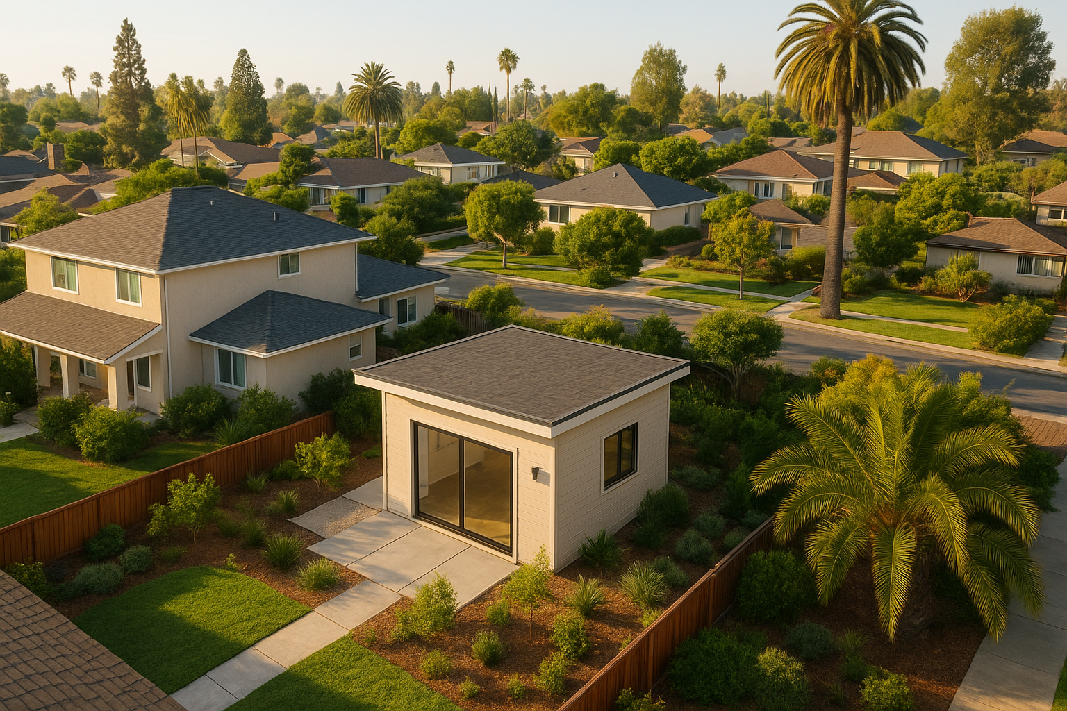 New ADU guidelines Southern California illustrated by a detached backyard ADU in a residential neighborhood