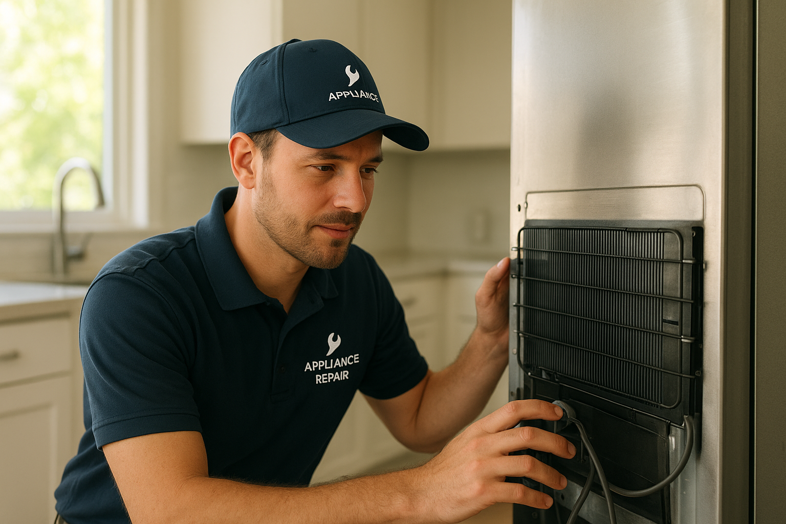 Technician from a trusted appliance repair company Sonoma County homeowners hire inspecting a refrigerator