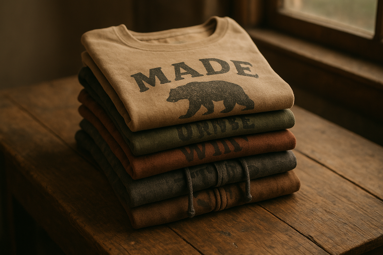 Folded stack of high-quality custom merchandise including screen-printed t-shirts and hoodies